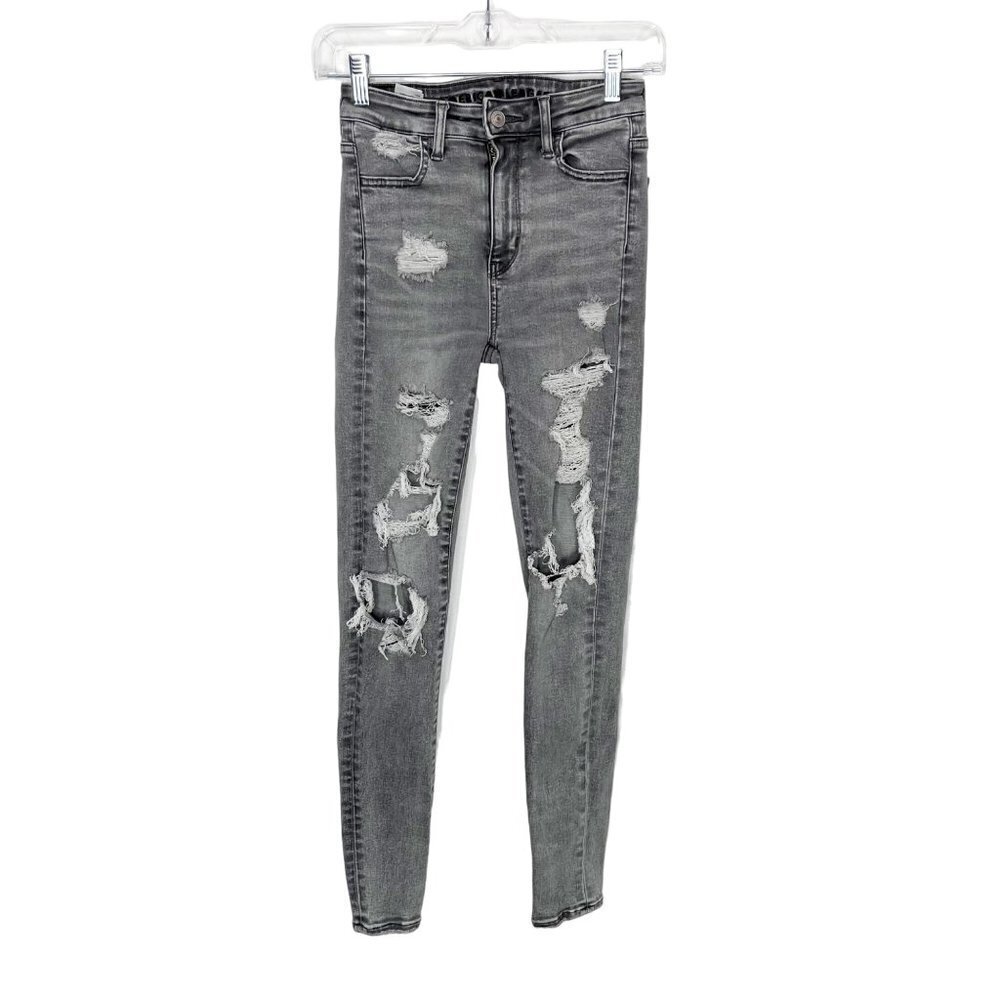 American Eagle Gray Distressed Destroyed Ripped Super High Rise Jegging Size 00